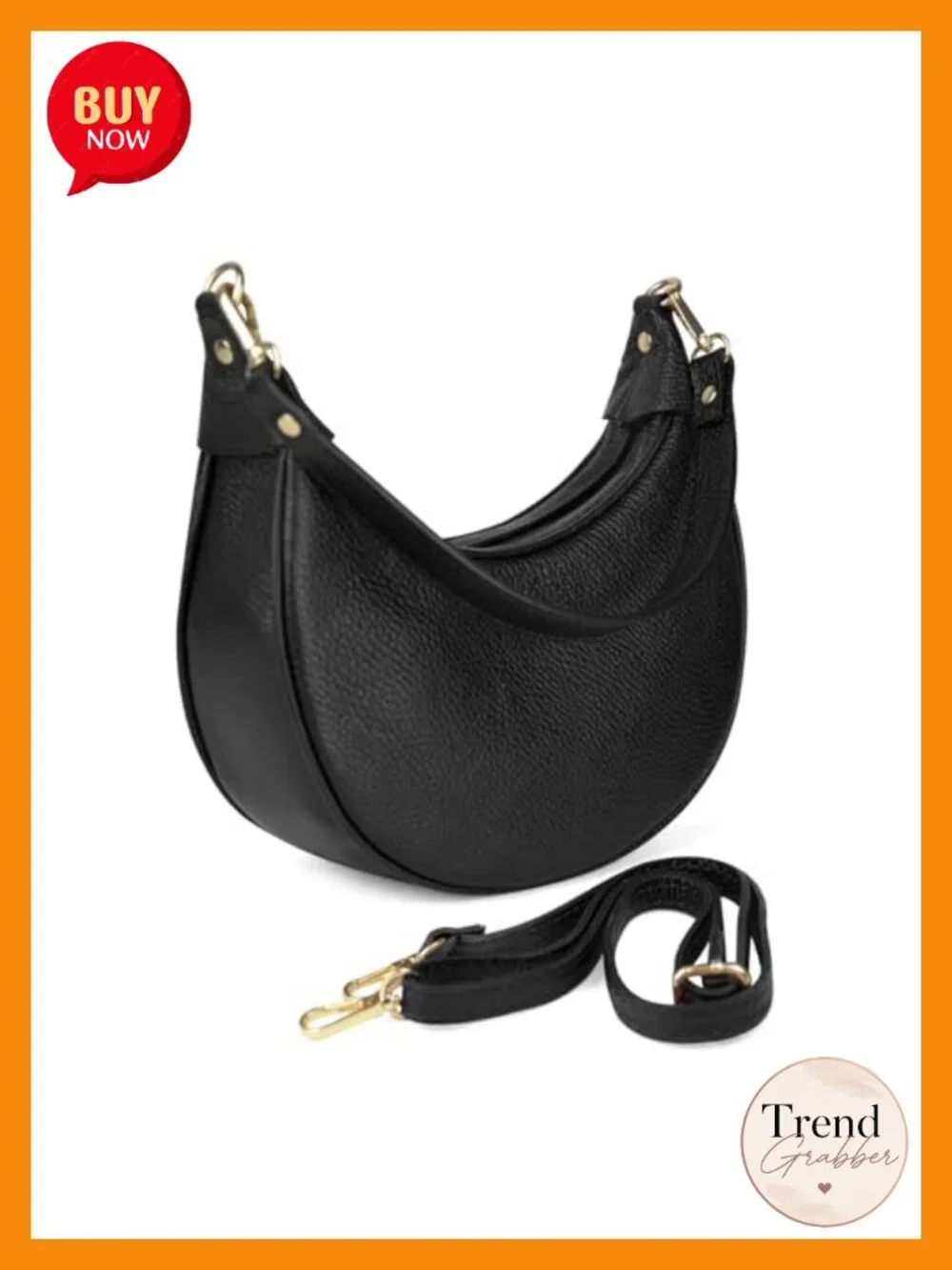 Genuine Leather Crescent Hobo Bag Crossbody Purse Made in Italy Two Straps Gold